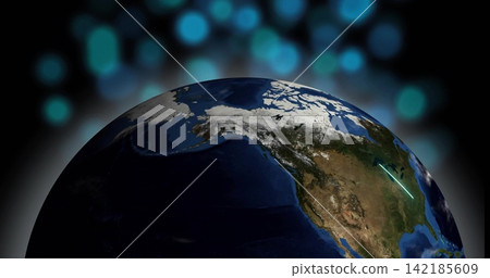 Showing Planet Earth rotating in orbit, revealing North America with cyan streak over United States 142185609
