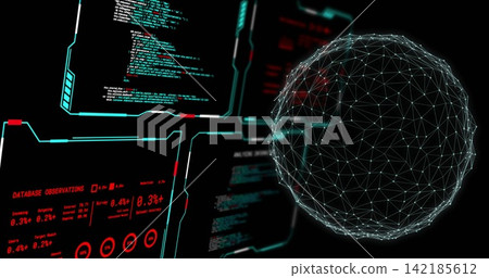 Rendering 3D wireframe sphere on right in virtual control space, with cyan HUD metrics, copy space Rendering 3D wireframe sphere on right in virtual control space, with cyan HUD metrics, copy space 142185612