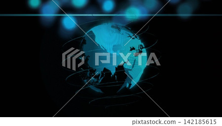 Rotating cyan halftone globe revealing eastern hemisphere in dark studio UI, with rings and bokeh Rotating cyan halftone globe revealing eastern hemisphere in dark studio UI, with rings and bokeh 142185615