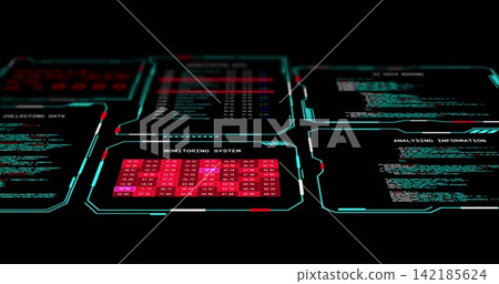 Showing MONITORING SYSTEM panel displaying red heatmap grid in control UI with cyan HUD panels Showing MONITORING SYSTEM panel displaying red heatmap grid in control UI with cyan HUD panels 142185624