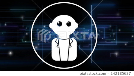Displaying white circular badge with humanoid avatar in lab coat on virtual backdrop, neon traces Displaying white circular badge with humanoid avatar in lab coat on virtual backdrop, neon traces 142185627