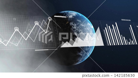 Displaying stylized Earth graphic floating in space, with gridded panels and line-area-bar charts Displaying stylized Earth graphic floating in space, with gridded panels and line-area-bar charts 142185630