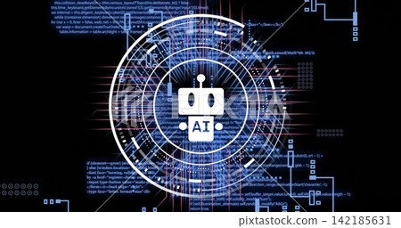 Showing centered white robot-head labeled AI spinning in nested HUD rings on dashboard, with code Showing centered white robot-head labeled AI spinning in nested HUD rings on dashboard, with code 142185631