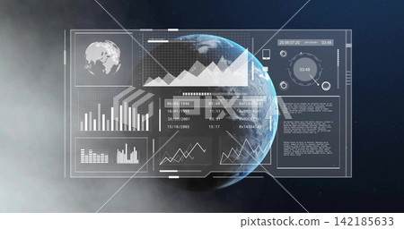 Displaying transparent holographic HUD hovering in orbit over Earth, showing charts, timer 03:48 Displaying transparent holographic HUD hovering in orbit over Earth, showing charts, timer 03:48 142185633
