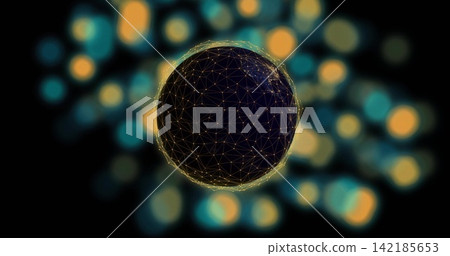Glowing dark sphere showing golden mesh with lit-nodes thin-rim against black, teal-yellow bokeh Glowing dark sphere showing golden mesh with lit-nodes thin-rim against black, teal-yellow bokeh 142185653