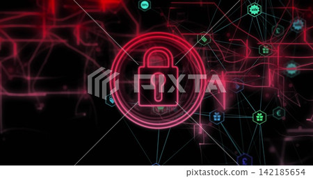 Glowing neon padlock icon pulsing inside concentric rings in virtual network, with hexagon nodes Glowing neon padlock icon pulsing inside concentric rings in virtual network, with hexagon nodes 142185654