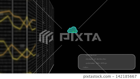 Displaying tall server rack showing yellow waveforms at left, neon cloud and code panel, copy space. Cabinet, datacenter, glow, icon, abstract, digital, security 142185667