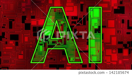 Glowing stylized AI letters pulsing over red-black circuit grid, showing neon outline, traces Glowing stylized AI letters pulsing over red-black circuit grid, showing neon outline, traces 142185674