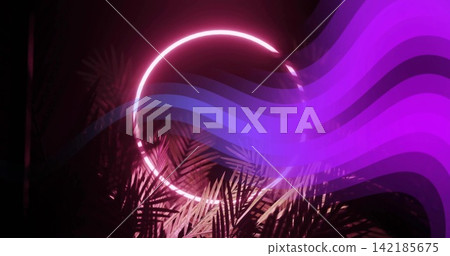 Glowing circular neon ring centered on hazy stage, rim-lighting palms and sweeping purple ribbons Glowing circular neon ring centered on hazy stage, rim-lighting palms and sweeping purple ribbons 142185675
