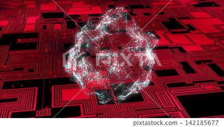 Glowing particle orb hovering above motherboard plane in futuristic studio, casting cyan sparkles Glowing particle orb hovering above motherboard plane in futuristic studio, casting cyan sparkles 142185677