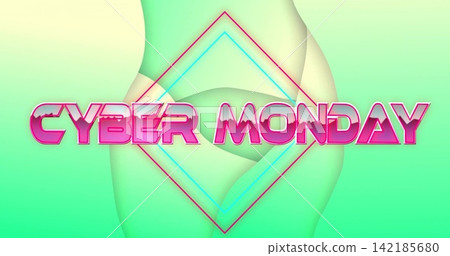 Glowing glossy pink 3D CYBER MONDAY text floating on digital banner, featuring neon diamond Glowing glossy pink 3D CYBER MONDAY text floating on digital banner, featuring neon diamond 142185680