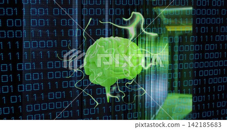 Floating neon-green stylized brain sending glowing tendrils over binary matrix, with server panels 142185683