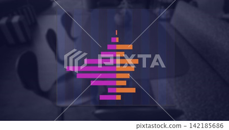 Displaying overlay chart showing magenta orange bars around central axis in dim lounge with vase Displaying overlay chart showing magenta orange bars around central axis in dim lounge with vase 142185686