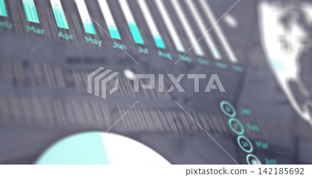 Displaying analytics dashboard UI on screen, showing month bar chart, donut chart, metric icons Displaying analytics dashboard UI on screen, showing month bar chart, donut chart, metric icons 142185692