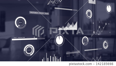 Displaying clear HUD showing layered charts, circular dials and numeric readouts on glass in office Displaying clear HUD showing layered charts, circular dials and numeric readouts on glass in office 142185698