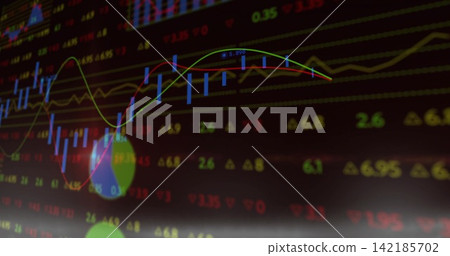 Showing blue candles with green yellow MA lines on trading monitor, round markers marking tickers 142185702