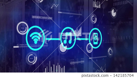 Displaying neon-cyan chain of Wi-Fi, music-note, mobile icons glowing in server room, HUD gauges Displaying neon-cyan chain of Wi-Fi, music-note, mobile icons glowing in server room, HUD gauges 142185704