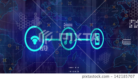 Displaying three glowing cyan icons WiFi, music note, phone linking across world map, with hexes Displaying three glowing cyan icons WiFi, music note, phone linking across world map, with hexes 142185707