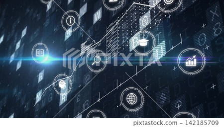Showing diagonal ascending trend line on virtual dashboard with circular UI icons and lens flare. Data, analytics, interface, visualization, network, matrix, grid Showing diagonal ascending trend line on virtual dashboard with circular UI icons and lens flare. Data, analytics, interface, visualization, network, matrix, grid 142185709