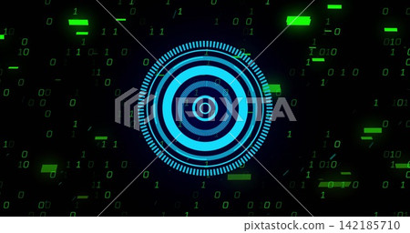 Glowing central cyan HUD showing rings, bullseye and ticks on dark backdrop, green binary bars Glowing central cyan HUD showing rings, bullseye and ticks on dark backdrop, green binary bars 142185710