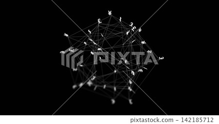 Floating 3D wireframe network rotating and tilting in black void, with currency glyphs Floating 3D wireframe network rotating and tilting in black void, with currency glyphs 142185712
