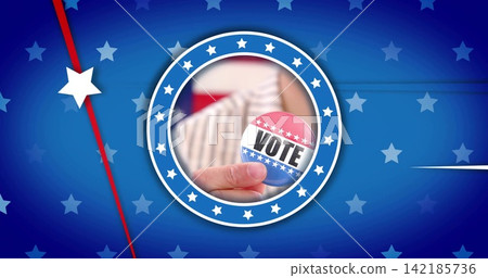 Holding hand displaying round VOTE pin in studio, striped sleeveless top and blue star frame Holding hand displaying round VOTE pin in studio, striped sleeveless top and blue star frame 142185736