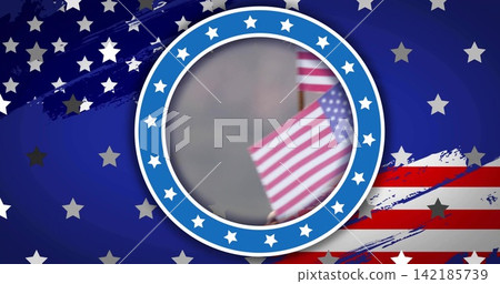 Featuring circular badge holding blurred US flags on wooden sticks in patriotic art, blue star rim Featuring circular badge holding blurred US flags on wooden sticks in patriotic art, blue star rim 142185739
