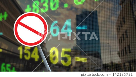 Standing prohibition sign on pole at city street, showing LED ticker overlay and glass tower 142185751