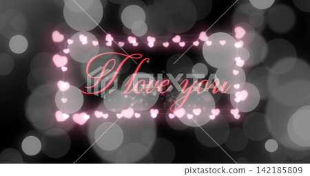 Displaying central heart-frame and cursive I love you text on dark gradient, with bokeh sparkles. Neon, romance, frame, glow, pink, red, elegant Displaying central heart-frame and cursive I love you text on dark gradient, with bokeh sparkles. Neon, romance, frame, glow, pink, red, elegant 142185809