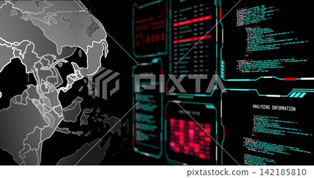 Showing globe on ops dashboard showing eastern hemisphere with HUD and ANALYSING label, copy space Showing globe on ops dashboard showing eastern hemisphere with HUD and ANALYSING label, copy space 142185810