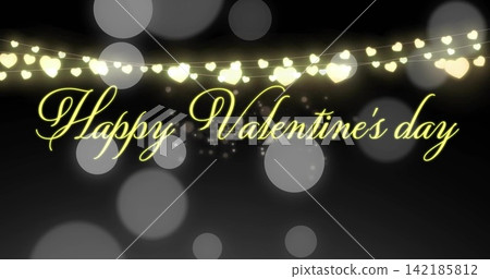 Glowing neon-yellow Happy Valentine's day text casting sparkles on dark gradient, with heart lights. Romantic, greeting, glow, bokeh, cursive, typography, digital Glowing neon-yellow Happy Valentine's day text casting sparkles on dark gradient, with heart lights. Romantic, greeting, glow, bokeh, cursive, typography, digital 142185812