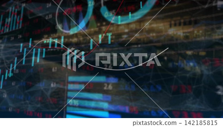 Presenting clustered trading dashboard, showing cyan candlesticks, blue bars, white or red trend lin Presenting clustered trading dashboard, showing cyan candlesticks, blue bars, white or red trend lin 142185815