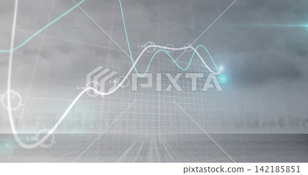Stylized graph showing white line with nodes and labels, cyan line glowing, 3D grid, plank floor Stylized graph showing white line with nodes and labels, cyan line glowing, 3D grid, plank floor 142185851