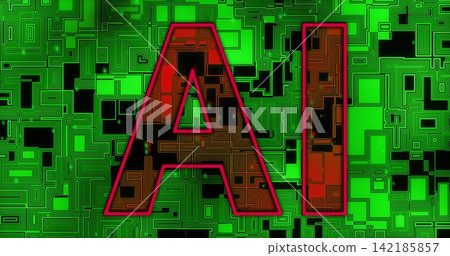 Glowing red AI letters dominating digital green circuit board, with magenta outline and maze traces Glowing red AI letters dominating digital green circuit board, with magenta outline and maze traces 142185857