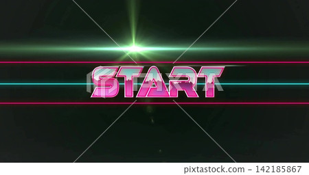 Glowing START text showing chrome-edges on 80s synthwave title with cyan-magenta lines, green flare Glowing START text showing chrome-edges on 80s synthwave title with cyan-magenta lines, green flare 142185867