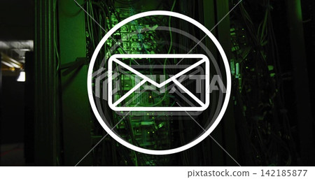 Displaying white outlined envelope icon overlaying racks in data center, with patch panels, LEDs. Server, network, wiring, dim, green, corridor, industrial Displaying white outlined envelope icon overlaying racks in data center, with patch panels, LEDs. Server, network, wiring, dim, green, corridor, industrial 142185877