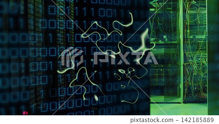 Showing racks, switches, Ethernet cables, blinking LEDs in server room, binary overlay, copy space Showing racks, switches, Ethernet cables, blinking LEDs in server room, binary overlay, copy space 142185889