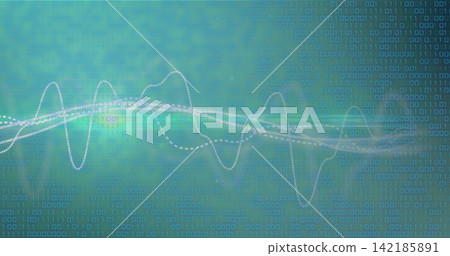 Animating centered waveform across teal showing solid or dotted white traces, thin band, binary code. Signal, trace, data, stream, digits, glow, flare Animating centered waveform across teal showing solid or dotted white traces, thin band, binary code. Signal, trace, data, stream, digits, glow, flare 142185891