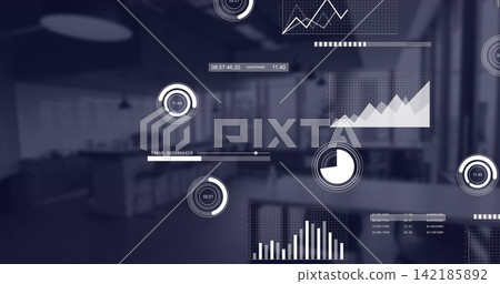 Projecting data overlays over open-plan office, covering conference table, desks and monitors Projecting data overlays over open-plan office, covering conference table, desks and monitors 142185892