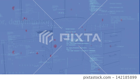 Displaying swivel office chair outlined in thin strokes at workstation, with code overlays Displaying swivel office chair outlined in thin strokes at workstation, with code overlays 142185899
