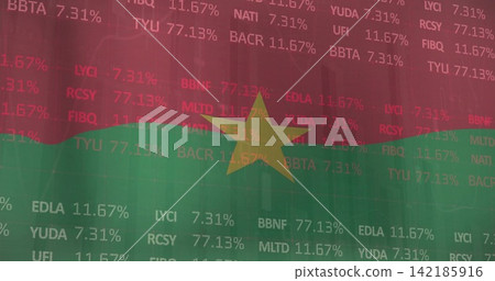 Displaying Burkina Faso flag blending with stock ticker symbols and percent values, market overlay Displaying Burkina Faso flag blending with stock ticker symbols and percent values, market overlay 142185916