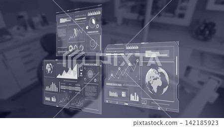 Floating three holographic UI panels displaying line and bar charts with 3D globe in office Floating three holographic UI panels displaying line and bar charts with 3D globe in office 142185923