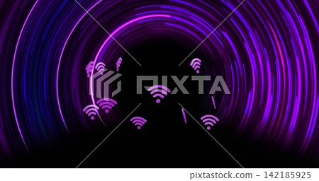 Pulsing dark void framed by concentric purple rings in virtual tunnel, pulling Wi-Fi symbols inward Pulsing dark void framed by concentric purple rings in virtual tunnel, pulling Wi-Fi symbols inward 142185925