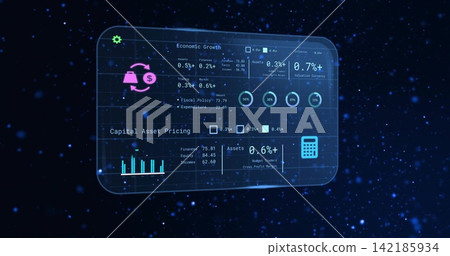 Floating hologram finance dashboard showing live metrics over deep starfield, with rings, bar chart 142185934