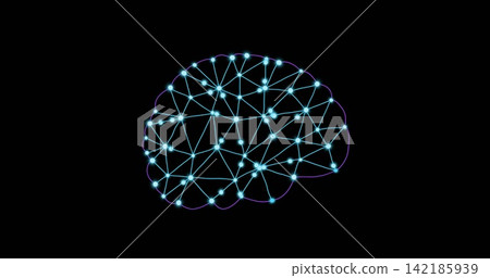 Pulsing brain-shaped network glowing on black background, with cyan-to-violet nodes, lines and halo Pulsing brain-shaped network glowing on black background, with cyan-to-violet nodes, lines and halo 142185939