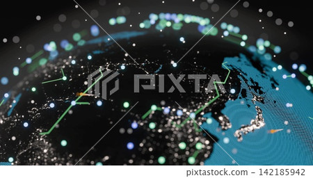 Displaying digital globe rotating in dark void, showing city lights, neon lines, nodes, cyan mesh Displaying digital globe rotating in dark void, showing city lights, neon lines, nodes, cyan mesh 142185942