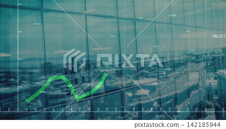 Displaying glass wall in high-rise reflecting city and overlaying data grid with rising green chart 142185944