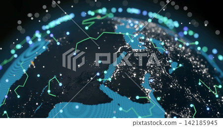 Showing Earth globe over Mediterranean night with glowing city lights, teal mesh, neon-green lines Showing Earth globe over Mediterranean night with glowing city lights, teal mesh, neon-green lines 142185945