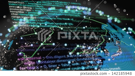Rendering 3D globe with JS code overlay in virtual data map, tracing neon network nodes Rendering 3D globe with JS code overlay in virtual data map, tracing neon network nodes 142185948