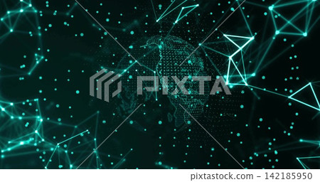 Displaying dotted digital globe rotating in virtual network, with glowing nodes, thin lines Displaying dotted digital globe rotating in virtual network, with glowing nodes, thin lines 142185950